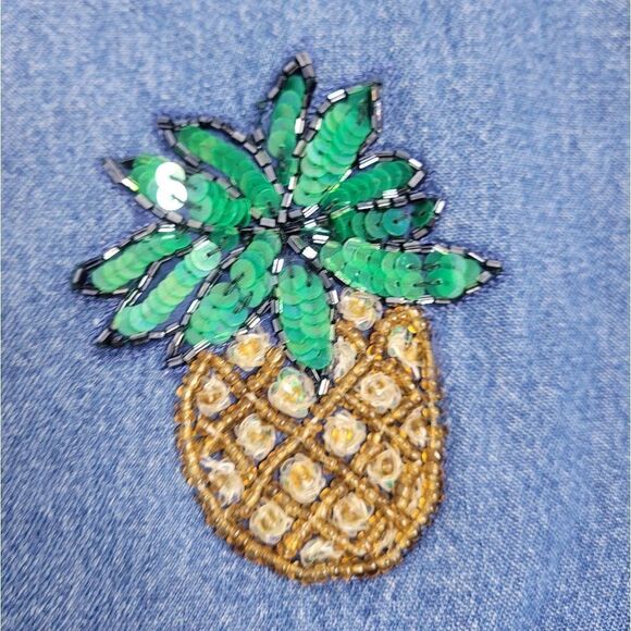 VINTAGE 90s shirt monkey palm tree embellished blue denim top L - Picture 4 of 10